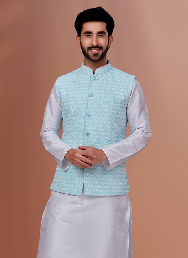 Embroidered Georgette Sky Blue Festival Wear Embroidery Work Readymade Men's Waist Coat